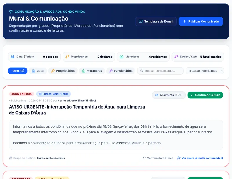 Mural de comunicados aos condôminos